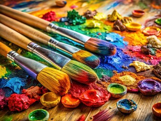 Obraz premium Vibrant Artist's Palette Panoramic: Colorful Paint Brushes & Paint Spills
