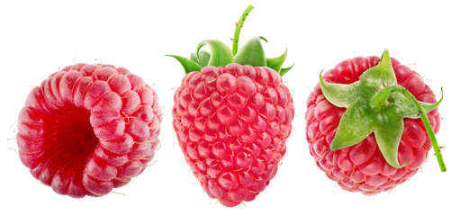 set of raspberries halves isolated on white background