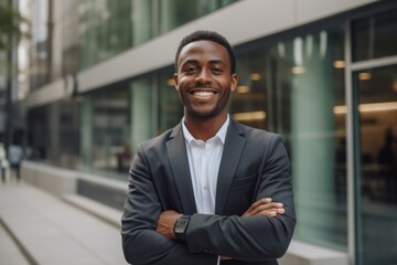Smiling portrait of a young African American businessman in modern office
