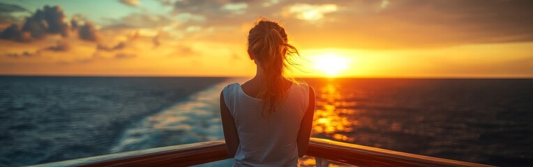 Fototapeta premium A serene portrait of a woman enjoying sunset on a ship deck, capturing tranquility and golden hues, ideal for travel or lifestyle photography.