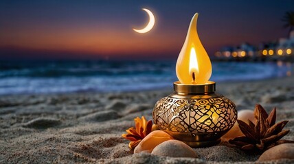 Traditional Candle light with Crescent moon shape on the beach, Ramadan Kareem background 
