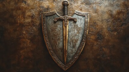 Medieval shield and sword on textured background.