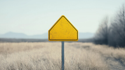 Weathered yellow triangular warning sign on rural roadside, surrounded by dry grass, soft overcast background with subtle mountains in distance
