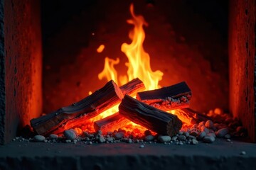 Bright orange embers glowing in dark fireplace, design, scene, photograph
