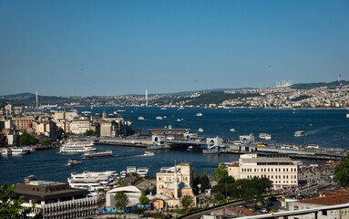 Aerial view of Galata bridge and Bosphorus. Istanbul. Turkey.