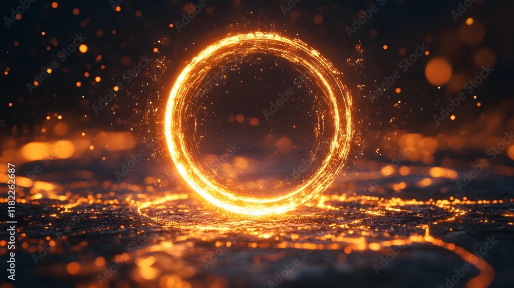 Poster dynamic fire circle formation abstract setting digital art dark environment close-up view energy con
