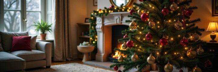 Christmas tree decorated with festive ornaments in a cozy living room, yuletide, twinkling lights, christmas trees