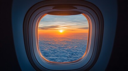 Stunning aerial view of vibrant sunset colors painting the sky as seen through the window of an airplane during a tranquil travel voyage