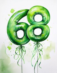 Green birthday / anniversary balloon, number 68, watercolor painting with white background