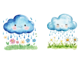 Watercolor illustration of cute blue rain clouds with flowers and green grass on white background.