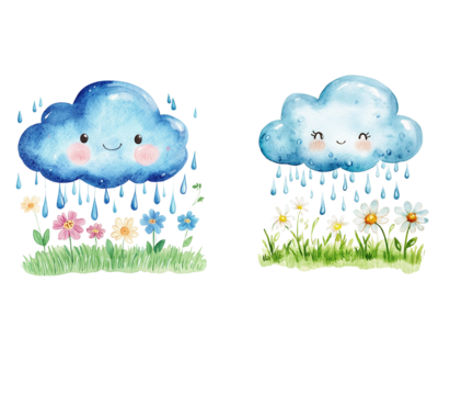 Watercolor illustration of cute blue rain clouds with flowers and green grass on white background.