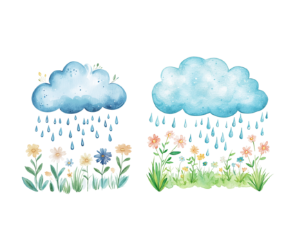 Watercolor illustration of cute blue rain clouds with flowers and green grass on white background.