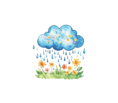 Watercolor illustration of cute blue rain clouds with flowers and green grass on white background.