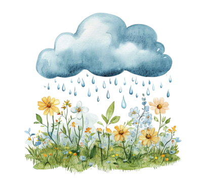Watercolor illustration of cute blue rain clouds with flowers and green grass on white background.