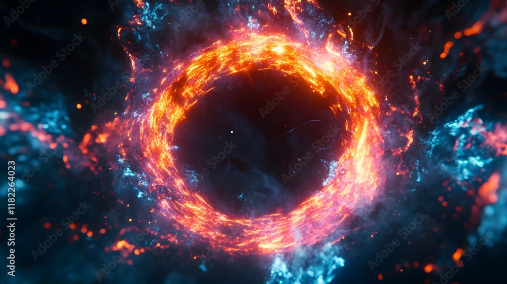 Poster dynamic cosmic event fiery portal in space visual art surreal environment abstract perspective