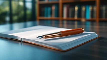 Classic ink pen and leather notebook in a study room. Generative AI