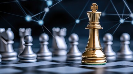 A golden queen stands among pawns on a silver chess board, highlighting strategic victory in a rich digital environment.