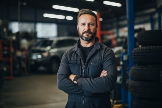 Smiling portrait of a middle aged Caucasian car mechanic in workshop