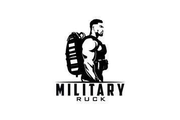 silhouette of a soldier military ruck with equipment bag in black and white background vector.