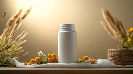 Cosmetic mockup with dried chamomile and soft natural lighting. Generative AI