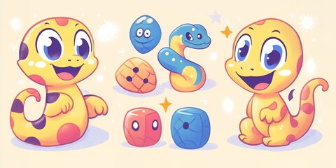 Fototapeta premium Adorable Cartoon Lizards Playing with Colorful Dice and Toys