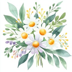 Watercolor floral bouquet nature art print bright colors close-up botanical beauty, isolated on white background