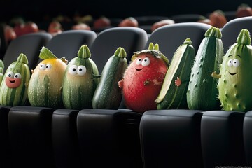 Colorful animated vegetables enjoy a delightful screening in a cozy theater setting filled with excitement and joy. Generative AI
