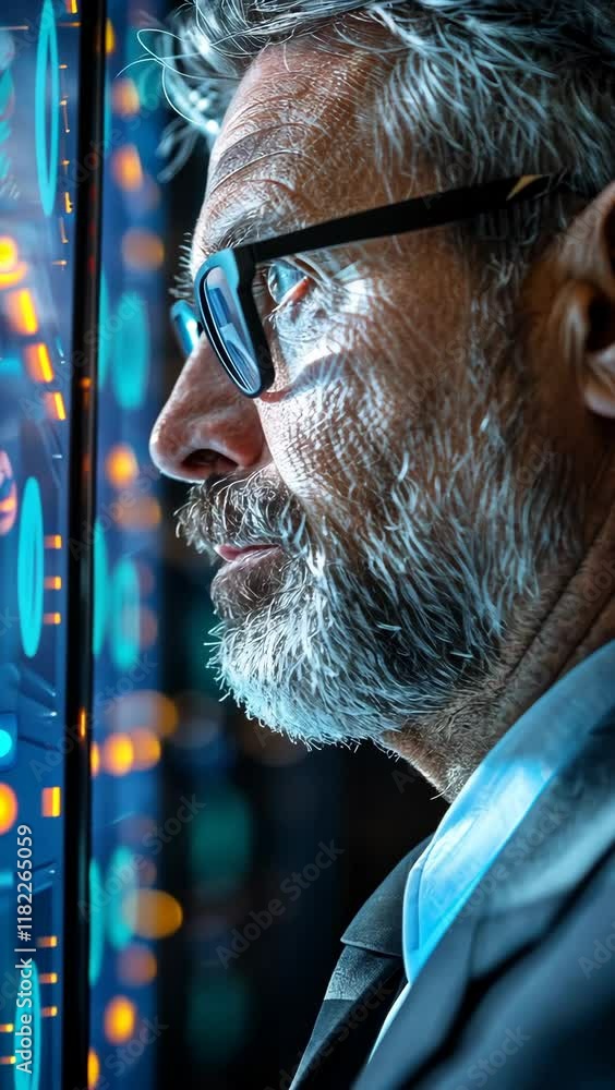 Aufkleber professional analyzing data on a futuristic interface in a modern office environment