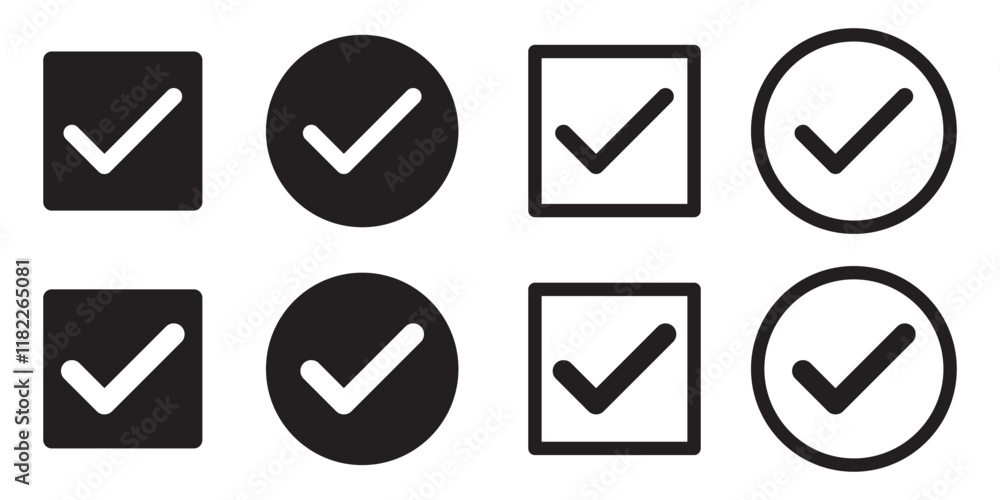 Poster check box icon with correct, accept checkmark icons tick box checked. approve symbol. check box icon