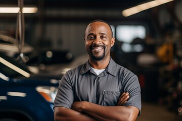 Obraz premium Smiling portrait of a middle aged African American car mechanic in workshop