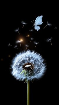 Fototapeta Black and white butterfly interacts with a dandelion flower as seeds float gently into the air against a dark backdrop