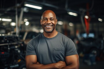 Fototapeta premium Smiling portrait of a middle aged African American car mechanic in workshop