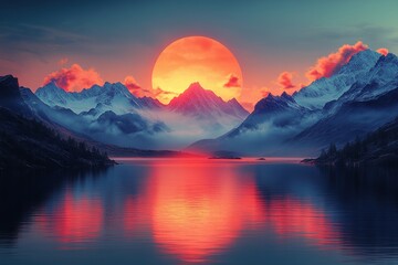 Stunning sunset over mountain range reflecting in serene lake at twilight