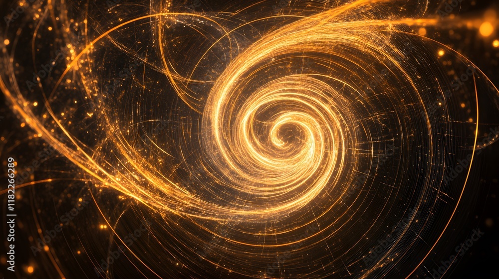 Poster dynamic golden spiral motion abstract space digital art dark environment close-up view energy concep