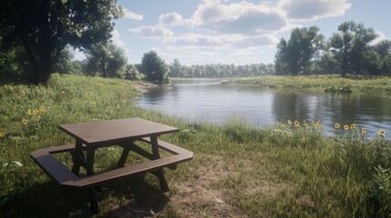 Obraz premium Peaceful River Picnic Sunflowers and Summer Serenity