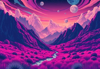 Fotobehang A surreal landscape with pink mountains, a winding river, and a starry sky. © NipaArts