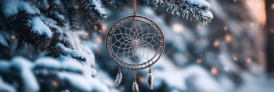 Handmade wiccan amulet hanging on fir tree in winter snowy forest. Imbolc sabbath, Pagan holiday ritual. Magic dream catcher