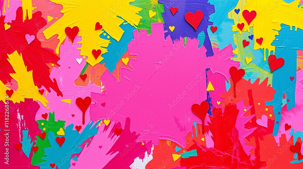 Aufkleber vibrant abstract art featuring colorful paint splatters and hearts. a joyful and expressive piece pe