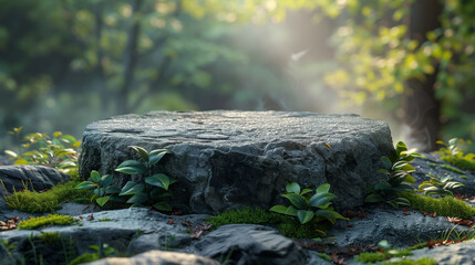 Obraz premium Stone podium in serene forest landscape 
