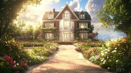 Obraz premium Picturesque Seaside House with Blooming Gardens