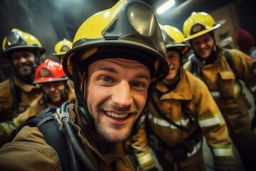 Portrait of a smiling group of firefighters taking selfie at station