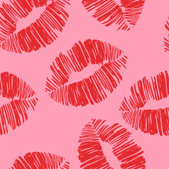 Seamless pattern with retro y2k kisses, futuristic elements for design. Cute pattern with lips for Valentine's Day. Wrapping, packaging design in flat style. Red and white. Suitable for gift wrap