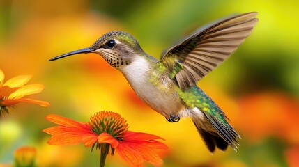 Fototapeta premium A hummingbird hovering near vibrant orange flowers in a colorful garden setting.