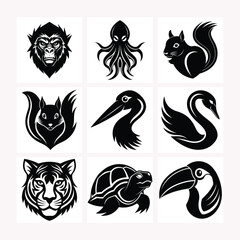 squid,squirrel, stork, swan, ape head bundle silhouette logo style vector design