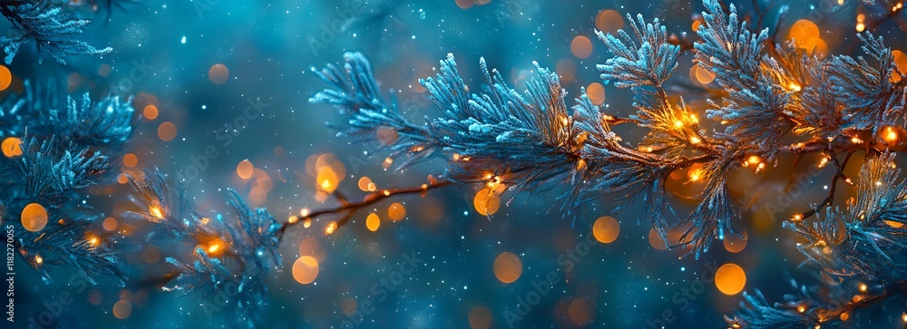 Poster a blue and orange tree branch with lights on it. the lights are scattered throughout the branch, cre