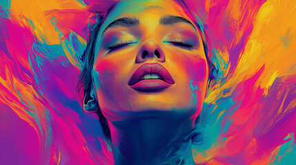 Vibrant abstract art portrait of a woman with colorful swirling strokes, striking modern artistic expression and bold vivid tones