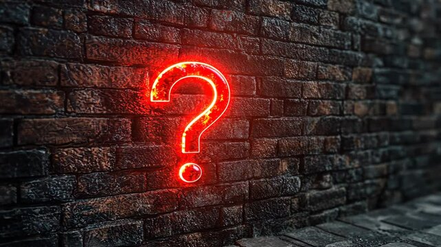 Neon question mark illuminates textured brick wall in urban setting at night