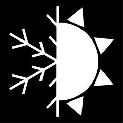 Split image showing sun on one half and snowflake on the other, contrasting hot and cold in a balanced visual.
