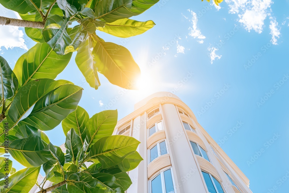 Aufkleber large building with a lot of windows and a green leafy tree in front of it