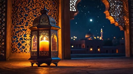 Ornamental Arabic lantern with burning candle glowing at night mosque background. Festive greeting card, invitation for Muslim holy month Ramadan Kareem.